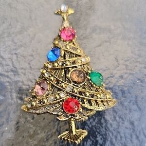 VIintage Gold Christmas Tree Brooch with Multicolor Gems
